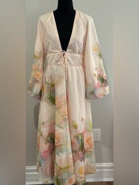New Anewsta M Floral Zipper Back Deep V Bell Sleeve Maxi 791